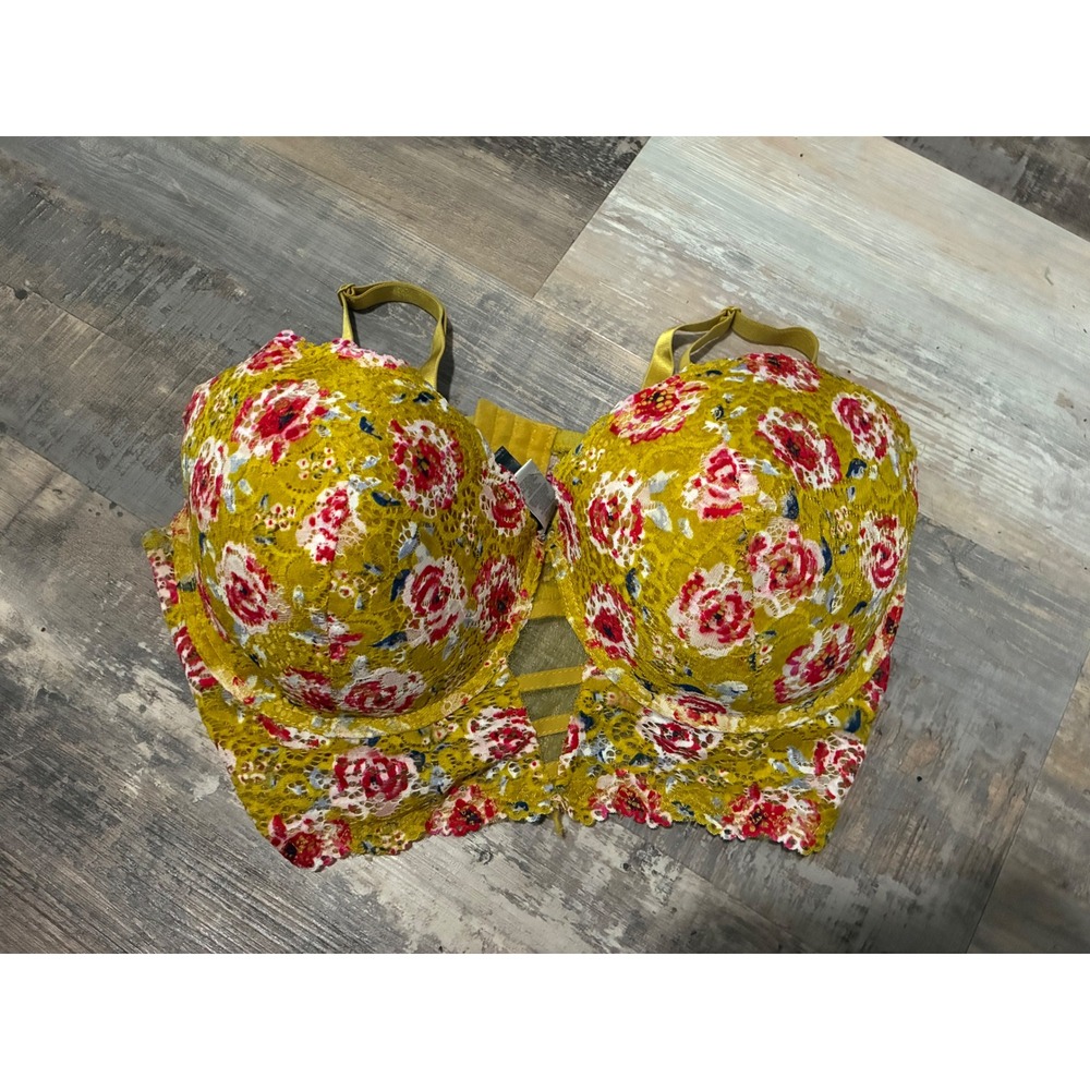 Kiss & Tell Yellow Floral Lace Longline Underwire Bra 44D Red Rose Cage Detail